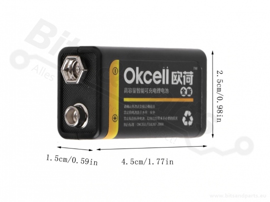 Battery 9V/6F22 800mAh LiPo rechargeable with USB